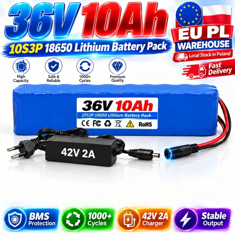 Batería Recargable 36V 10Ah 18650 10S3P con BMS para Bicicleta Eléctrica, Scooter y E-Bike, Motor 250W-1000W, Cargador 42V2A Incluido, Alta Densidad Energética, Larga Duración, Stock UE, Envío Rápido desde Almacén Polonia