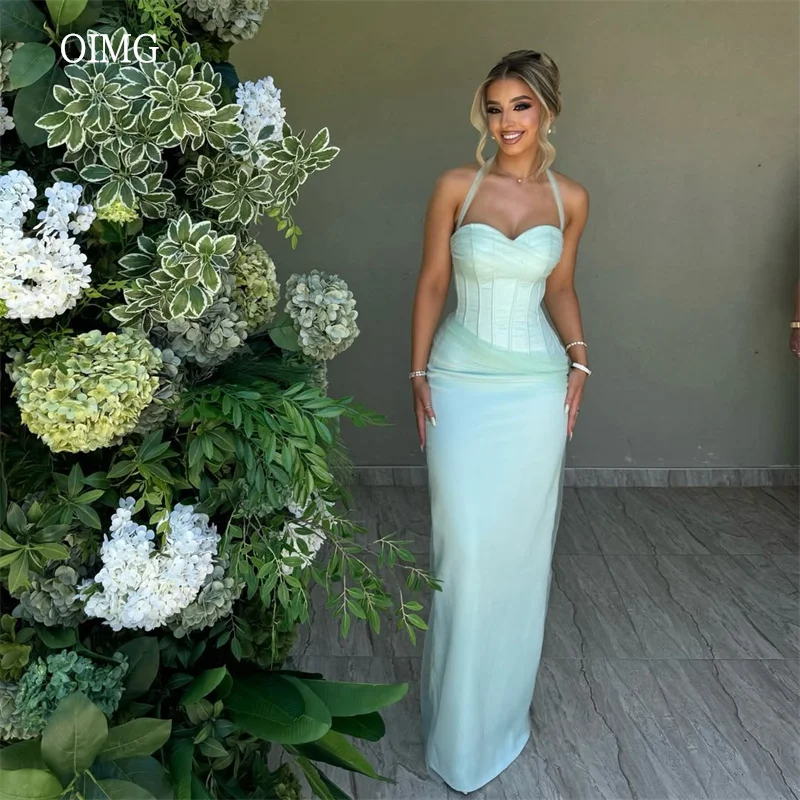 

OIMG Pastrol Halter Mint Green Mermaid Prom Gowns Maxi Pleated Party Gown Floor Length Evening Dress vestido de gala Customized
