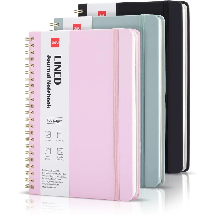 3팩 줄무늬 스파이럴 저널 노트북 160페이지 A5 5.5x8 하드커버 필기 노트북 대학 노트 스파이럴 바운드 저널 여성용