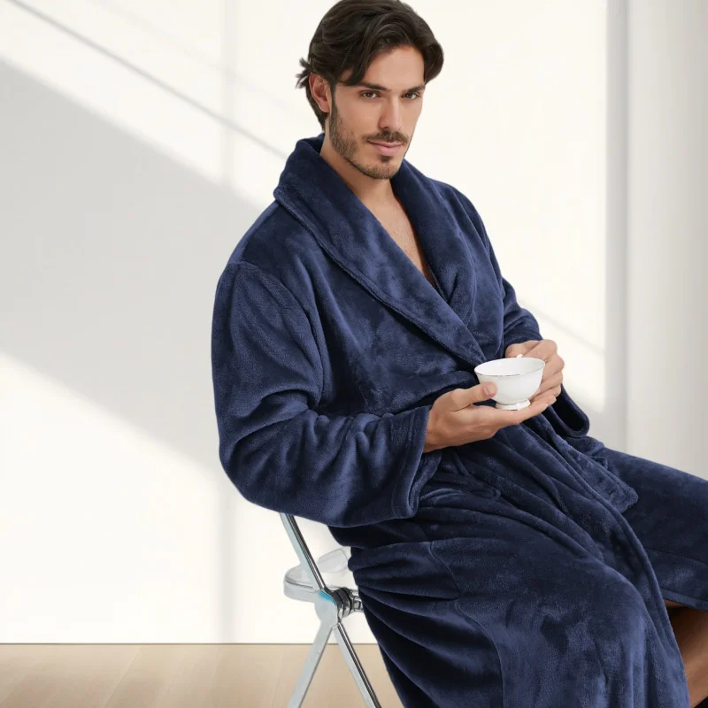 

American-Style New Men's Autumn and Winter Fashion Simple Bathrobe with Lapel, Couple's Robe, Women's Loungewear Flannel Robe