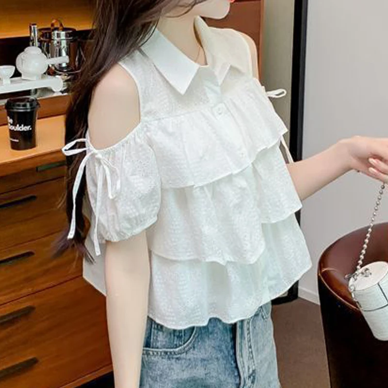 Women Sexy Off Shoulder Lace Up Chic Sweet Shirts Trendy Casual Ruffle Tierred White Blouses Short Sleeve Kawaii Tops Y2K Blusas