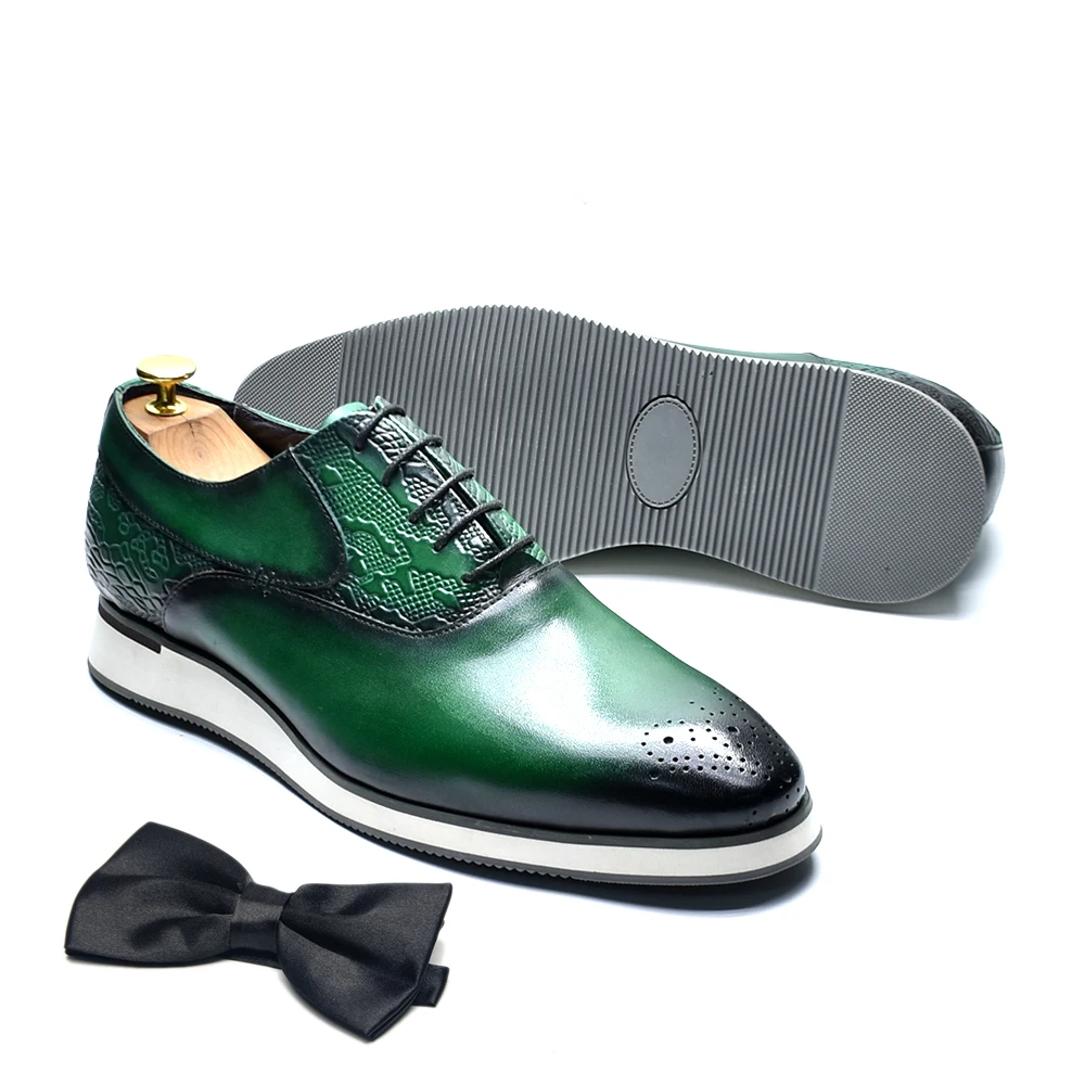 

Green Black Fashion Stylish Men's Casual Dress Shoes Genuine Cow Leather Lace-up Flat Sneaker Man Oxford Shoes with Medallion