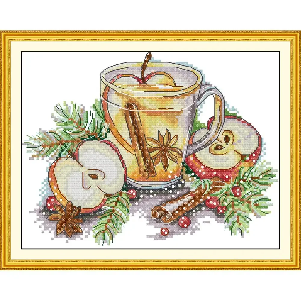 Joy Sunday Pre-printed Cross Stitch Kit  Easy Pattern Aida  Stamped Fabric Embroidery Set-Apple Afternoon Tea