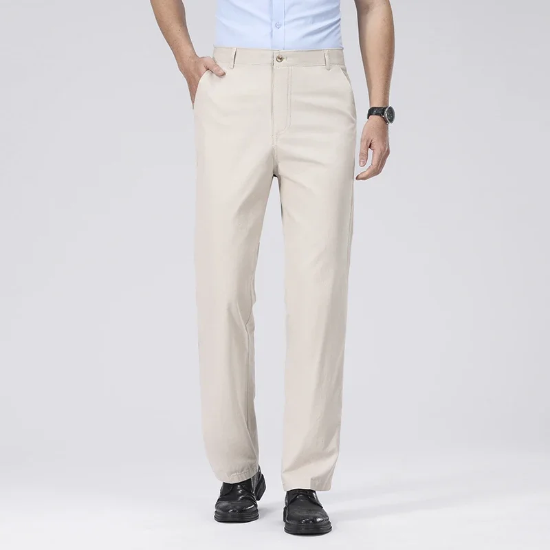 Mens 100% Cotton Straight Full Length Single Button Waist Chino Pants Classic Relaxed Straight Cut Four Season Casual Bottoms