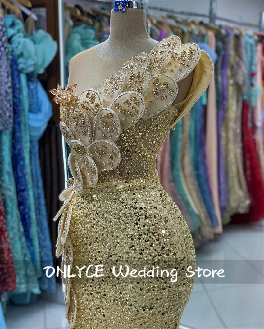 Gold 5D Leafs Arabic Evening Dresses Aso Ebi Crystals Mermaid Prom Dress Sequined Mermaid Party Gowns For Weddings Customized