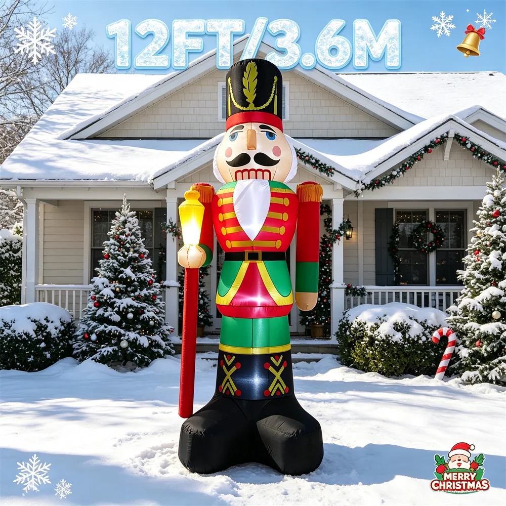 12FT Christmas Inflatable Holiday Party DIY Decoration Lighted Giant Nutcracker Soldier Blow Up Xmas Yard Garden Home Decor