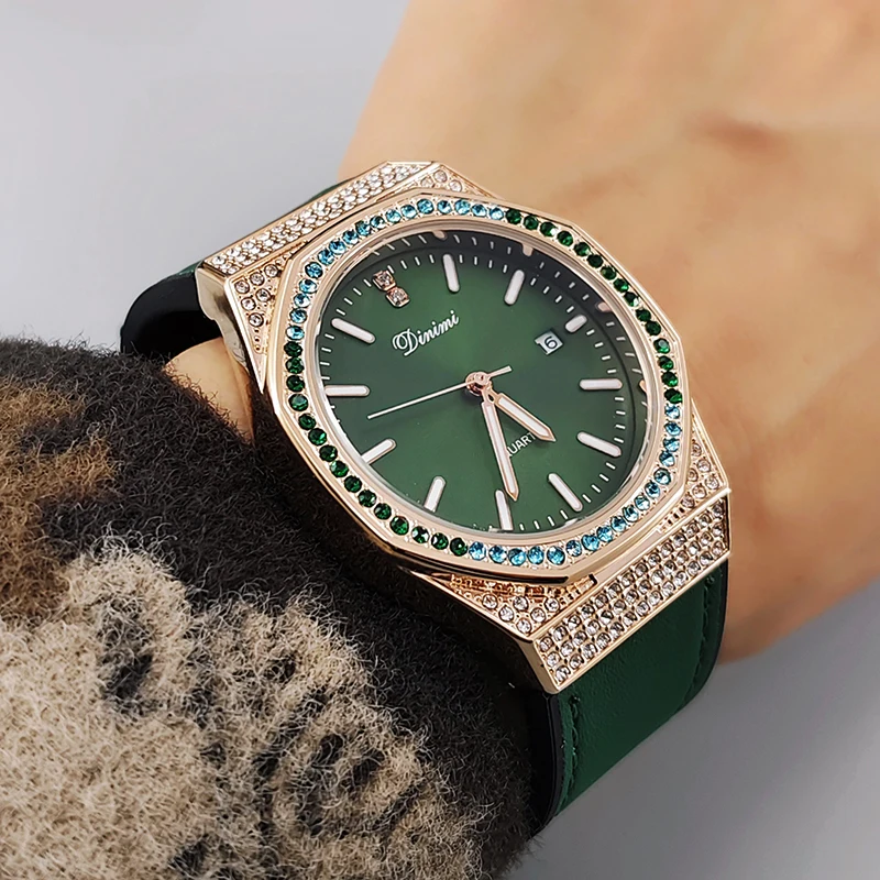 ساعة كوارتز نسائية أنيقة بأحجار الراين الملونة وحزام سيليكون أنيق ووجه دائري دقيق - إكسسوار عصري f