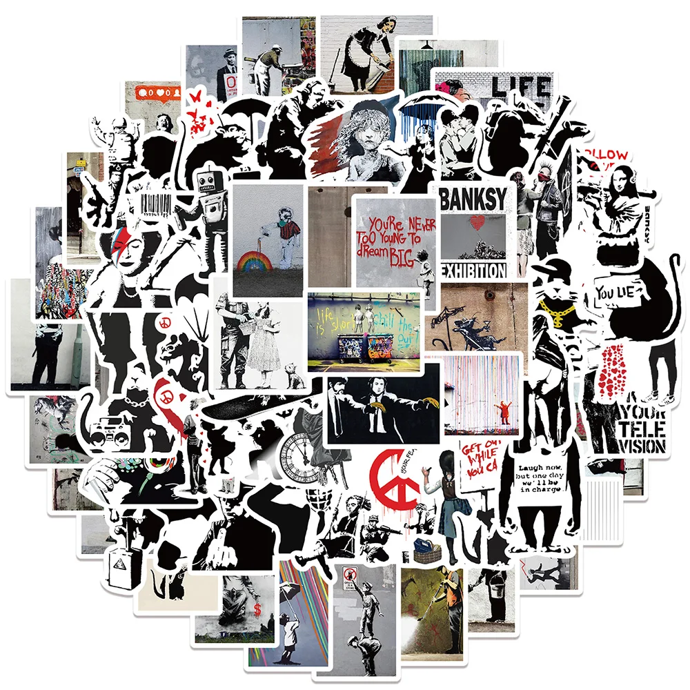 10/30/67pcs Banksy 조각 미술 낙서 스티커 멋진 거리 예술 데칼 노트북 스케이트 보드 자동차 장식 스티커 어린이 장난감