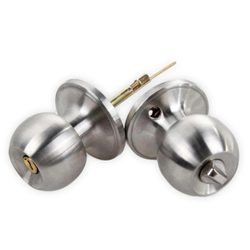 Stainless Rotation Round Door Knobs Handle Entrance Passage Lock With Key Set For Ease Of Opening.  Keyhole On Outside