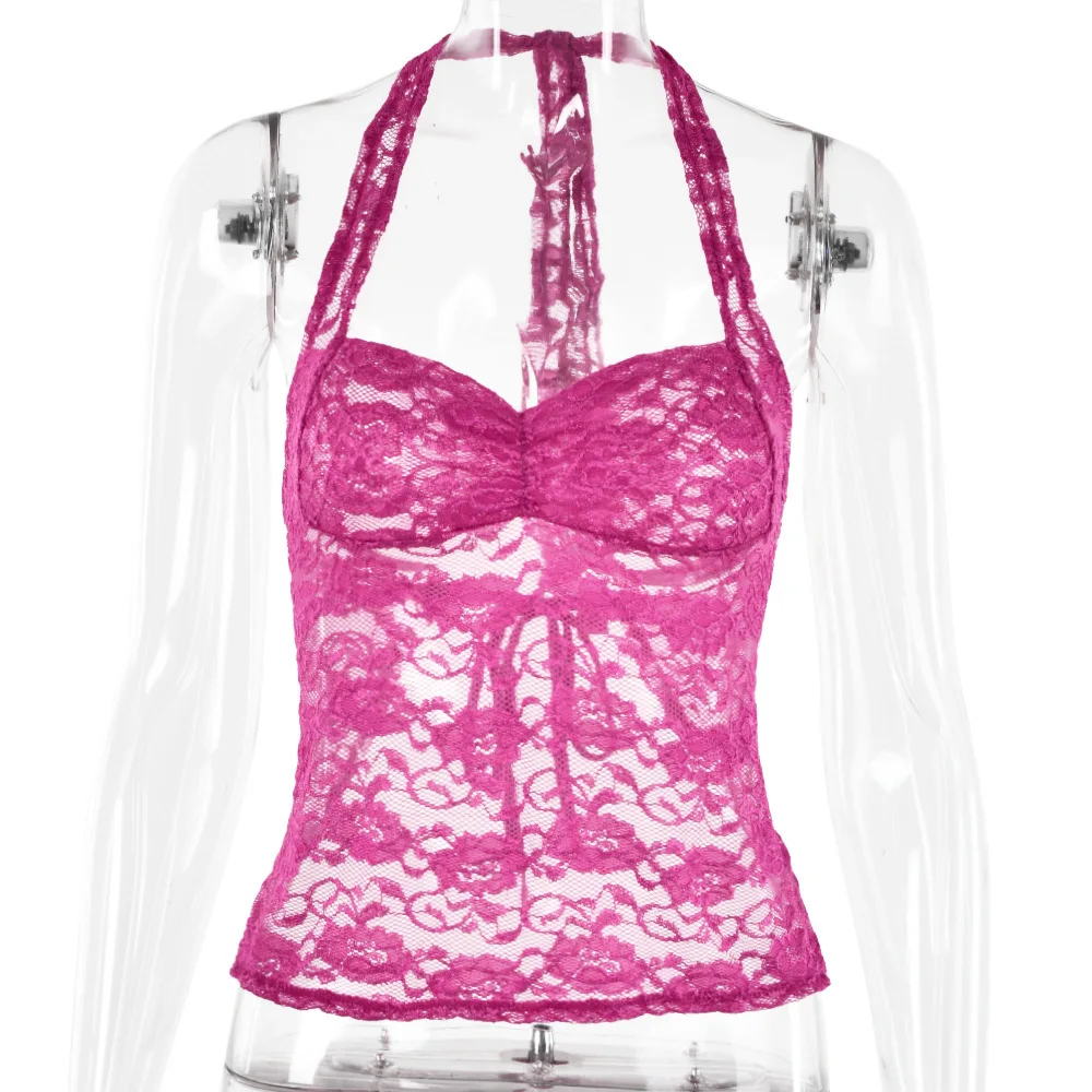 2025 Summer New Lace Patchwork Halter Neck Top Sexy Hot Girl Sheer T-Shirt For Women