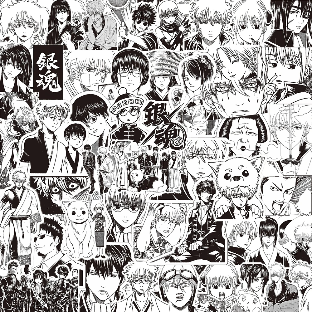 

10/30/80pcs GINTAMA Anime Stickers Cool Black White Manga Sticker Laptop Phone Skateboard Sakata Gintoki Kagura Cartoon Decals