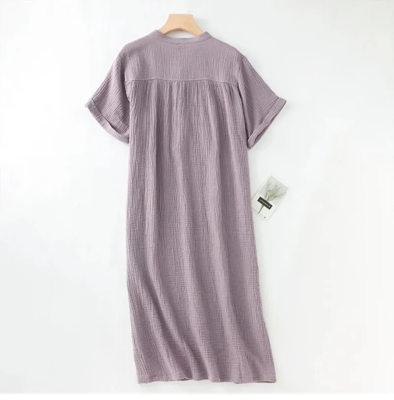 Chic 100% Cotton Gauze Muslin Dresses For Women 2023 Casual Solid Short Sleeve Button Women'S Summer Dress Midi Beach Sundress