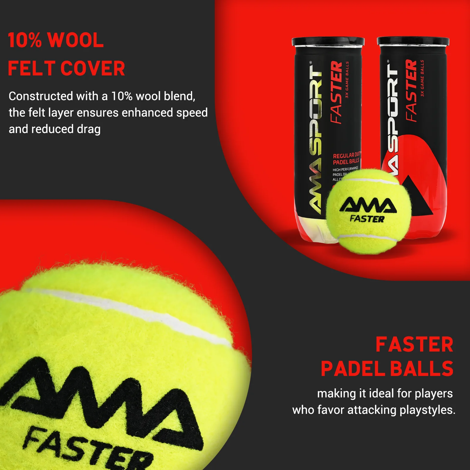 AMASPORT Padel Balls with 10% Wool Felt Cover - Durable Sports Equipment for Faster Play High-Quality Padel Accessories