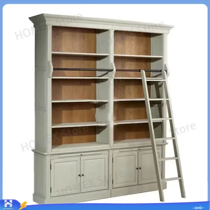 Modern Luxury Solid Wood Bookshelf with Ladder High End Living Room Apartment Storage Display Shelf Combination Furniture