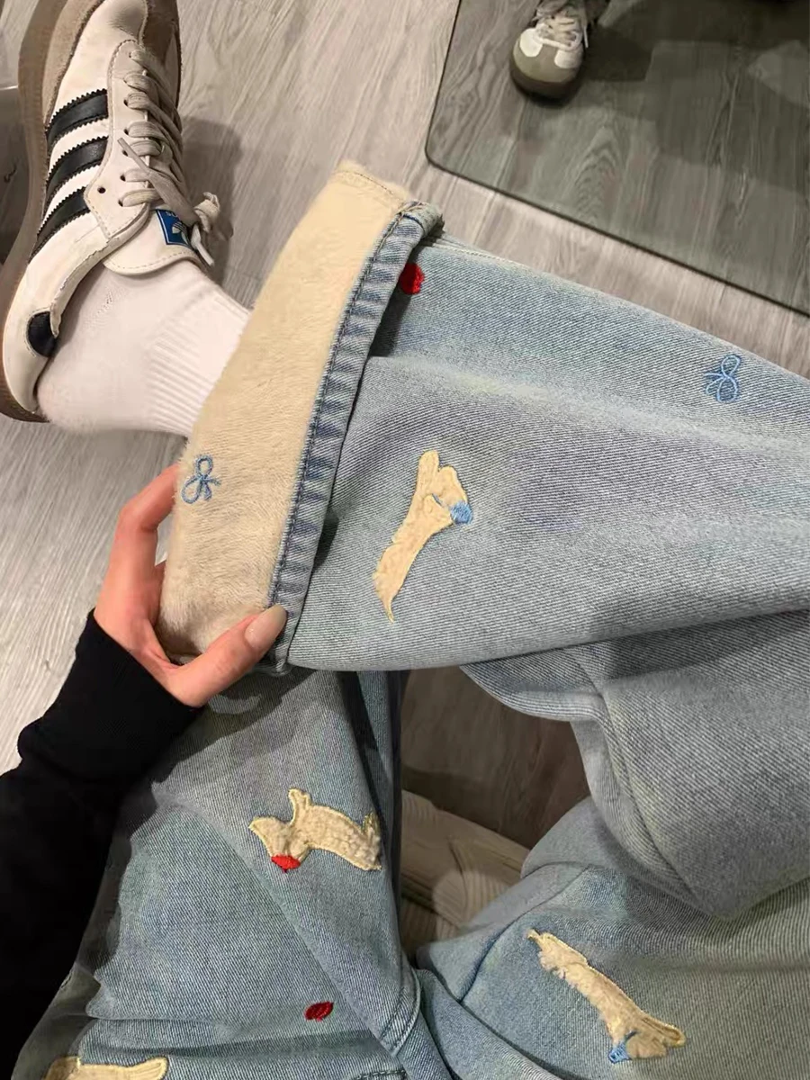 

Джинсы с героями мультфильмов в стиле ретро, женские свободные драпированные джинсы больших размеров, осень-зима, прямые широкие брюки, удобные повседневные брюки с высокой талией