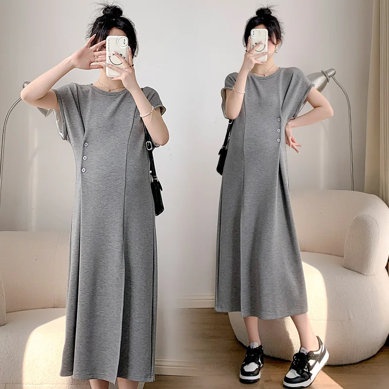 Korean Style Bat Sleeve Maternity Summer Dress Side Split Elegant O-Neck Loose Pregnant Woman Dress Grey