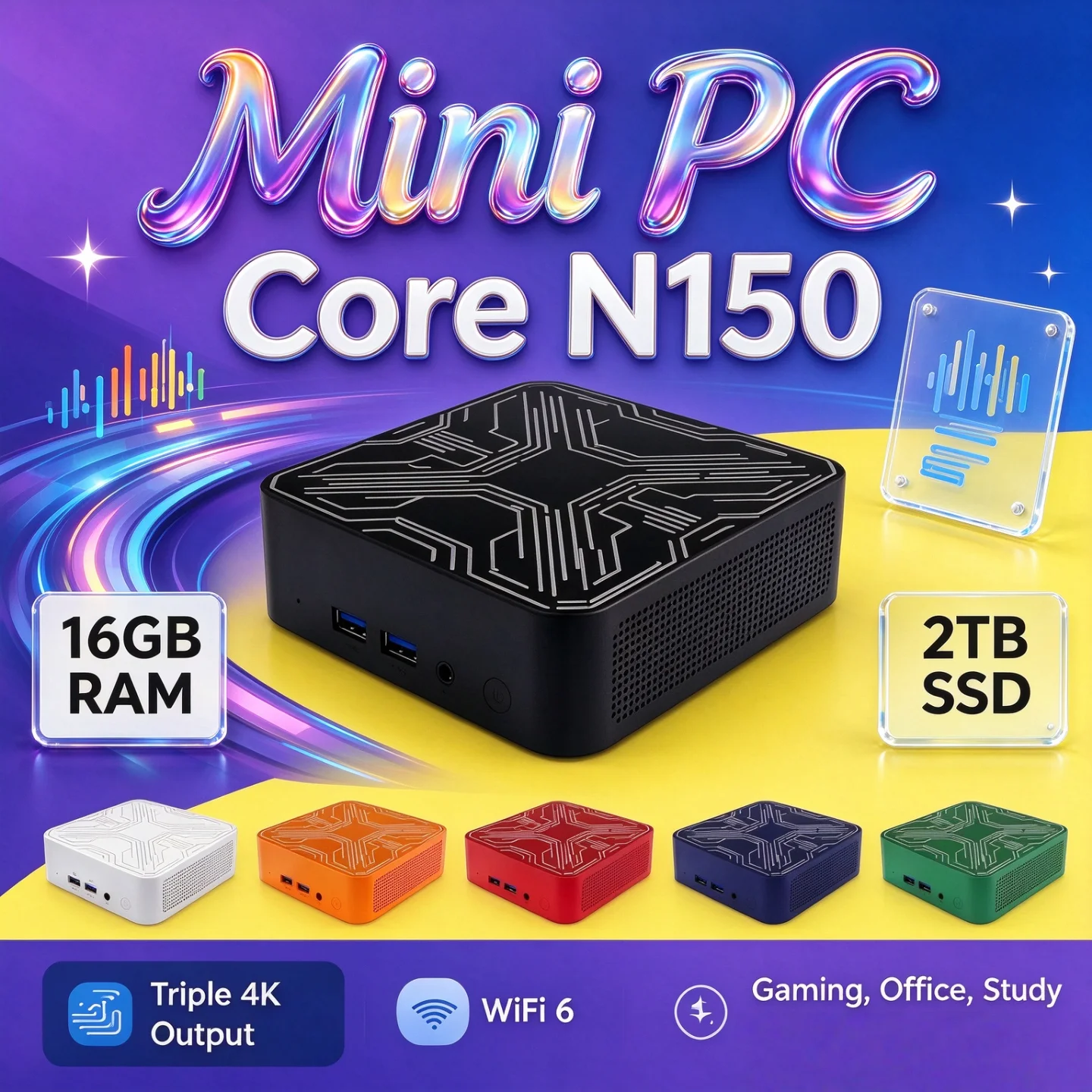 高性能で持ち運びやすいミニpc。intel-core-n150プロセッサー搭載、2026年モデル。16gbメモリ、m2-nvme-ssd、トリプル4k出力、wi-fi-6対応、静音冷却設計。オフィスや家庭でのデスクトップパソコンとして最適。