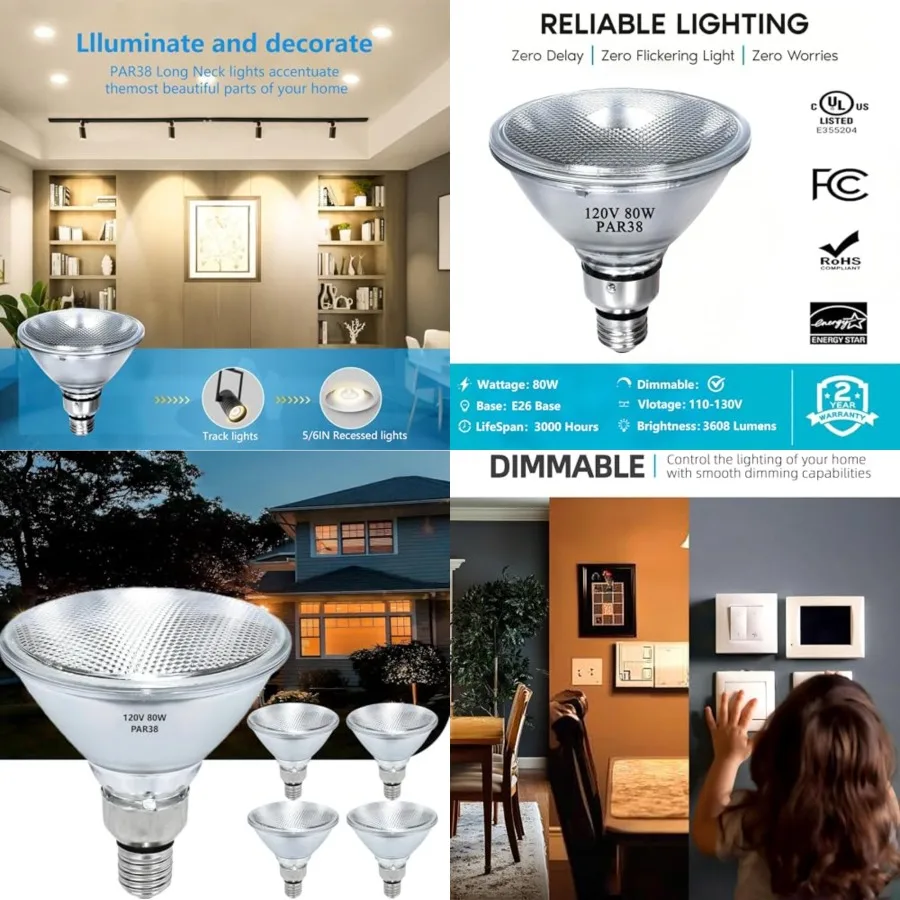 

PAR38 Halogen Flood Light Bulbs 4 Pcs, 80W Equivalent, 120V, E26 Base, 2700K Warm White Light for Indoor and Outdoor