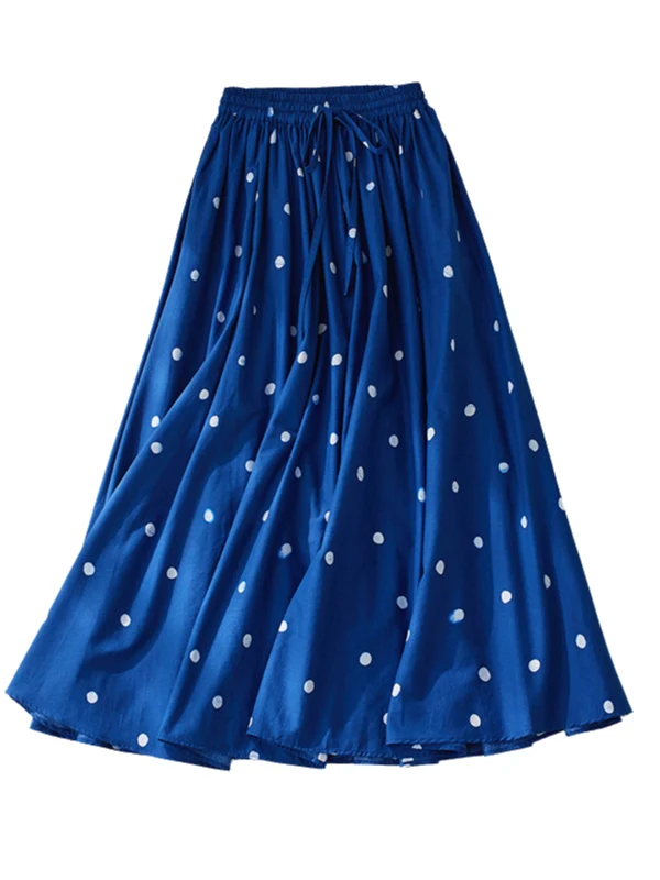 Retro azul bolinhas cintura alta leve saia feminina a linha midi dr dstring elástico emagrecimento solto verão faion