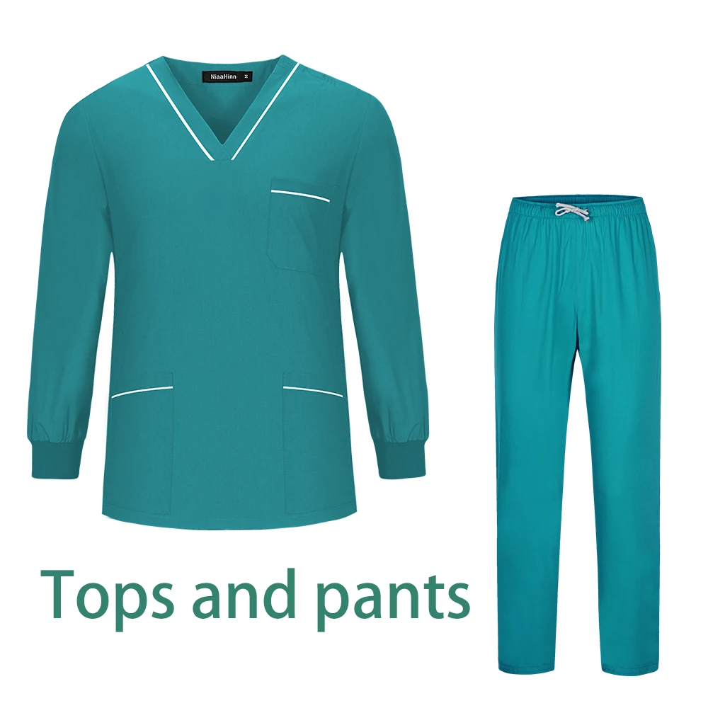 Abito a maniche lunghe in tinta unita unisex Lab Spa Abbigliamento da lavoro infermieristico Slim Scrub medico Uniforme Infermiera Dottore Abito chirurgico all'ingrosso