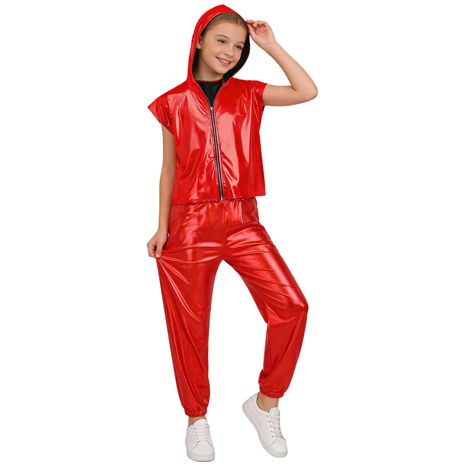 

Kids Girls Jazz Dance Performance Outfit Sleeveless Zipper Metallic Hooded Vest with Elastic Waist Shiny Pants Street Dance Wear