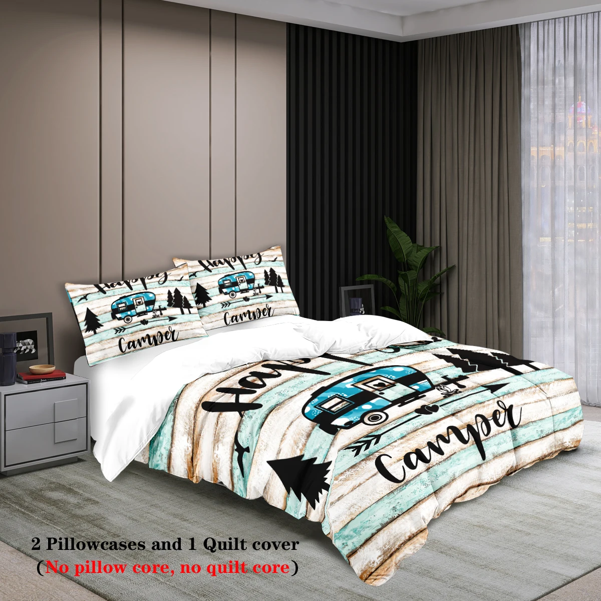 Set 3 pezzi, set piumino stampato happy camper e forest pattern, queen, king, letto matrimoniale, set biancheria da letto divertente e creativo per