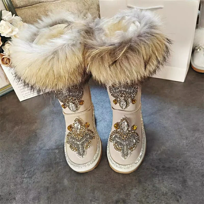 Fox hair boots handmade winter plus fleece warm boots Diamond beaded fur boots women\'s large size 35-44