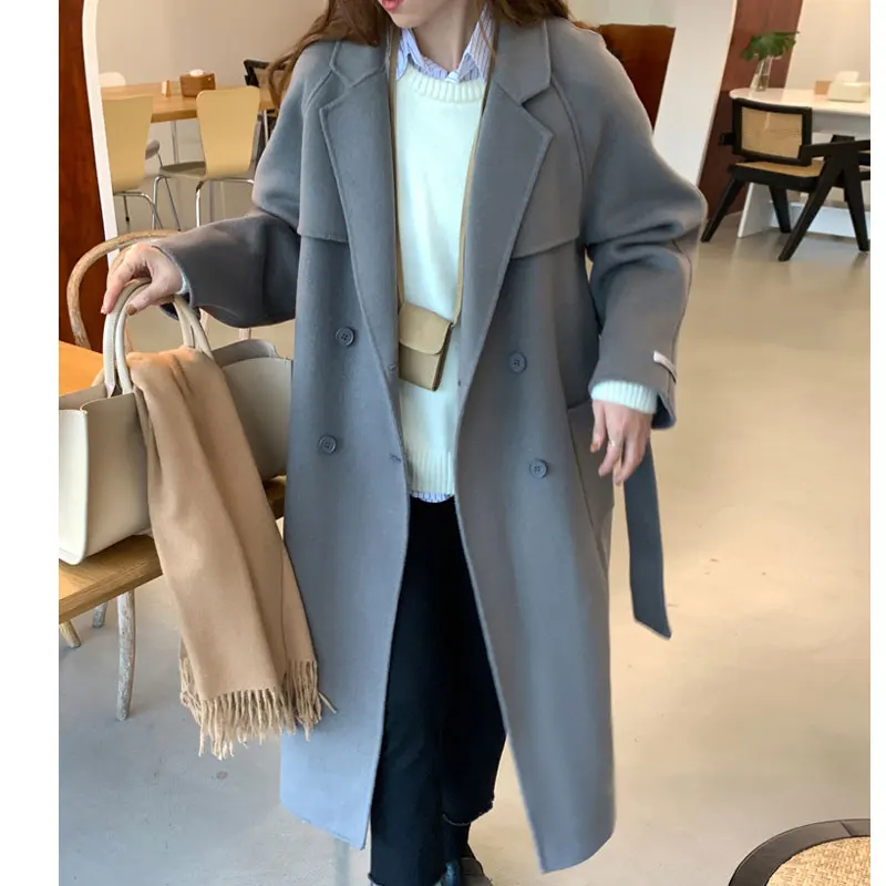 

Promotion 2023 Autumn Women Woolen Coat Turn Down Collar Long Sleeve Women Fashion Coat WIth Belt Casaco Feminino