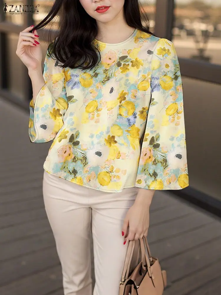 بلوزة نسائية عصرية من ZANZEA قمصان خريفية مطبوعة بالورود 2025 أنيقة 3/4 بأكمام مضيئة ورقبة مستديرة سترة فضفاضة غير رسمية للسيدات
