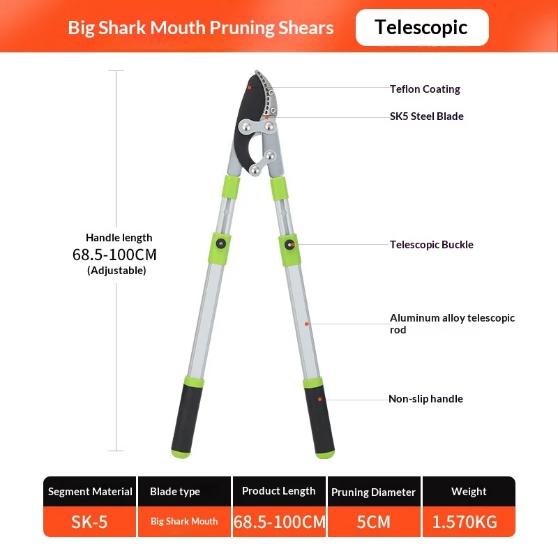 With Extendable Aluminum Handle Professional Tree Branch Cutting Tool 5Cm Cutting Capacity Loppers Shark Jaw Garden Pruner