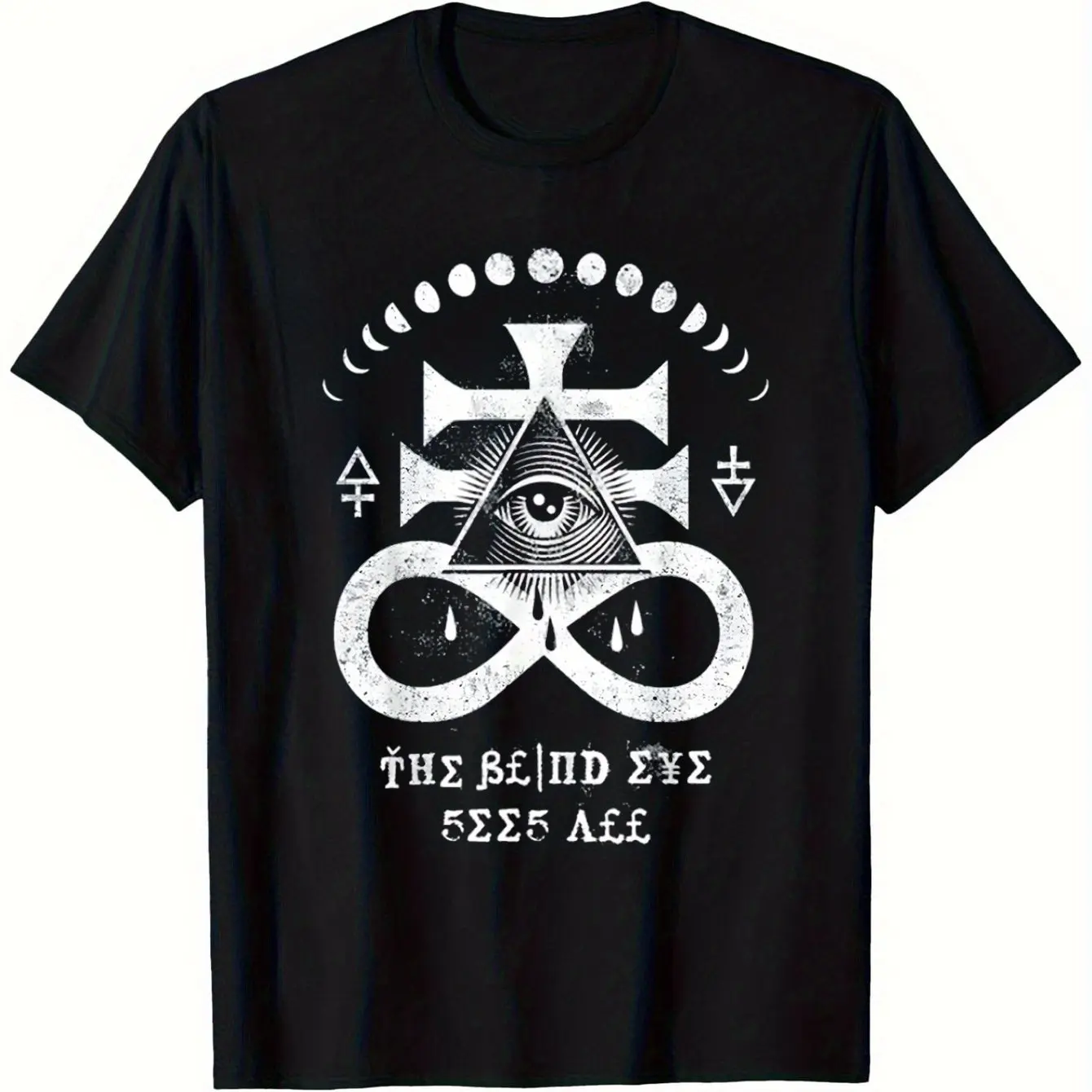 Men Vintage Satanic Pagan Leviathan Cross All-Seeing Eye Print T-Shirt Black Polyester Crew Neck Short Sleeve Tee Men Clothing