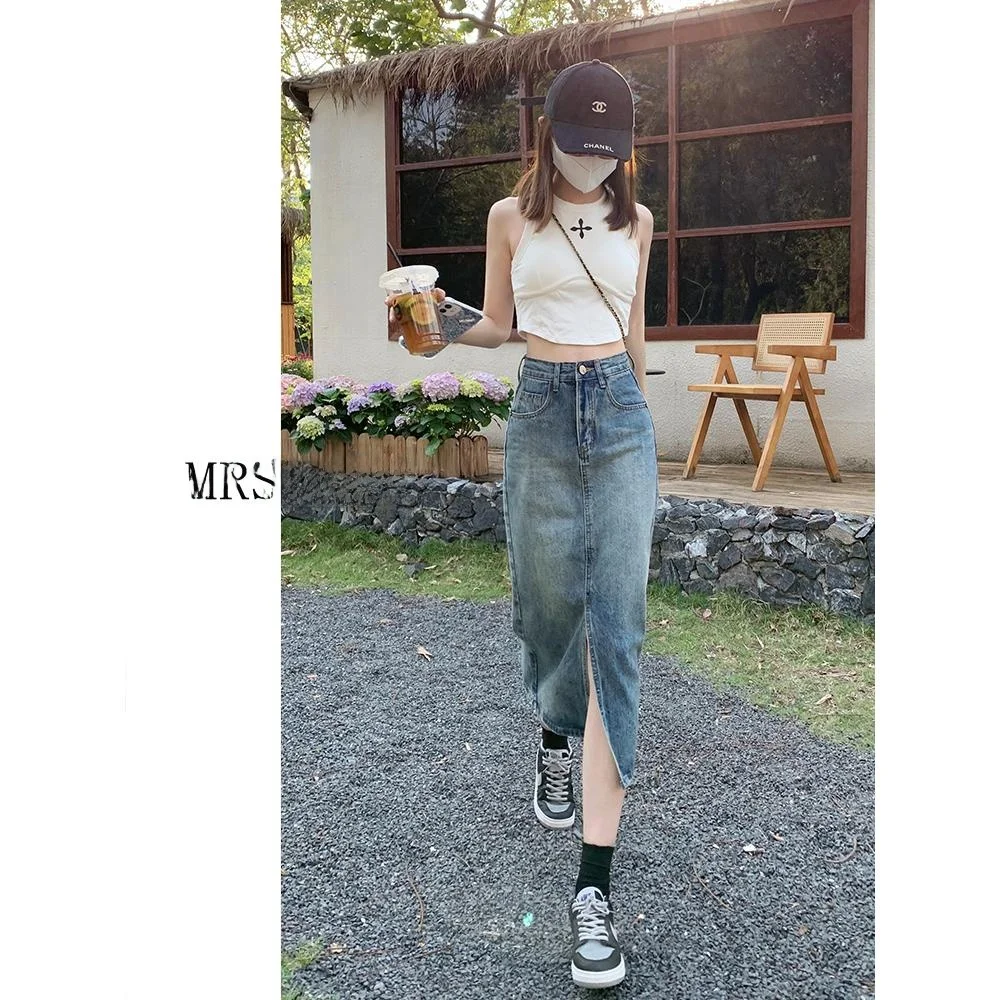 

High Waist Asymmetrical Hemline Slimming Denim Skirt Women's Spring Autumn Light Blue Wrap around mid Length a Line Skirt