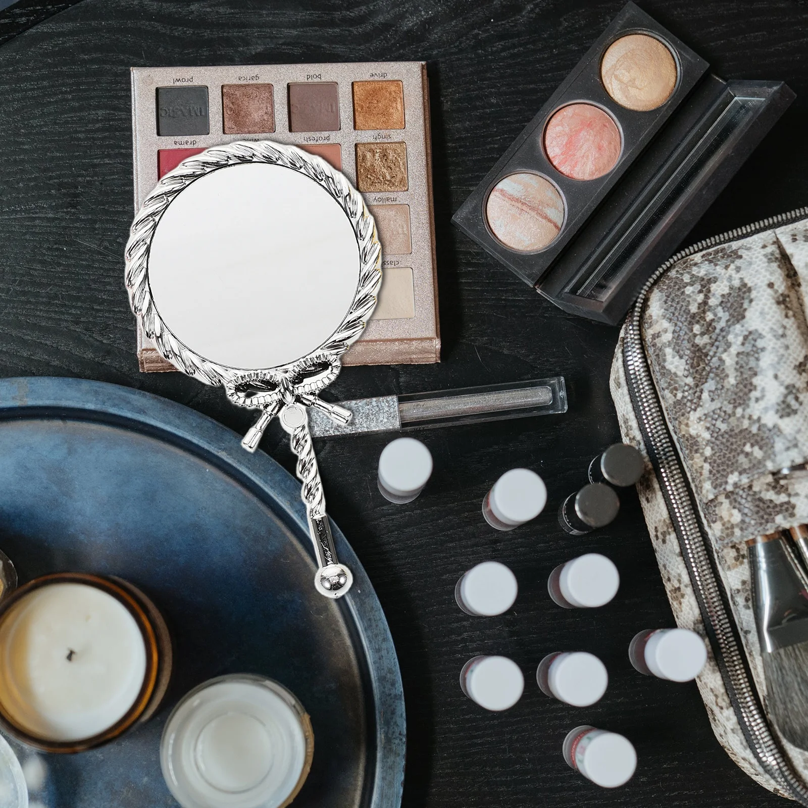 Specchio per trucco vintage portatile da 3 pezzi con cornice in plastica, manico elettrolitico, specchio compatto portatile per viaggi a casa da donna