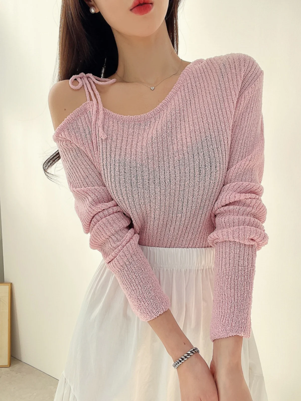 

Trendy Korean Sle Knitted Long Sve oulder Bared Belted Coat Collar Top for Early Autumn Outerwear Casual Streetwear