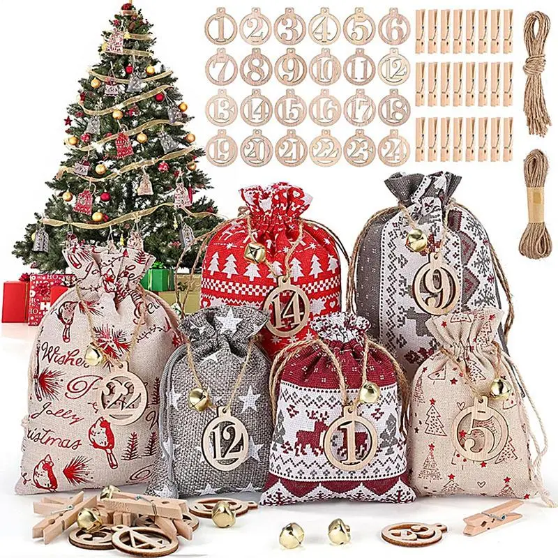 2024 Fillable Christmas Countdown Arrival Calendar Linen Bag With 24 Drawstring Bag DIY Burlap Bags For Candy And Gift