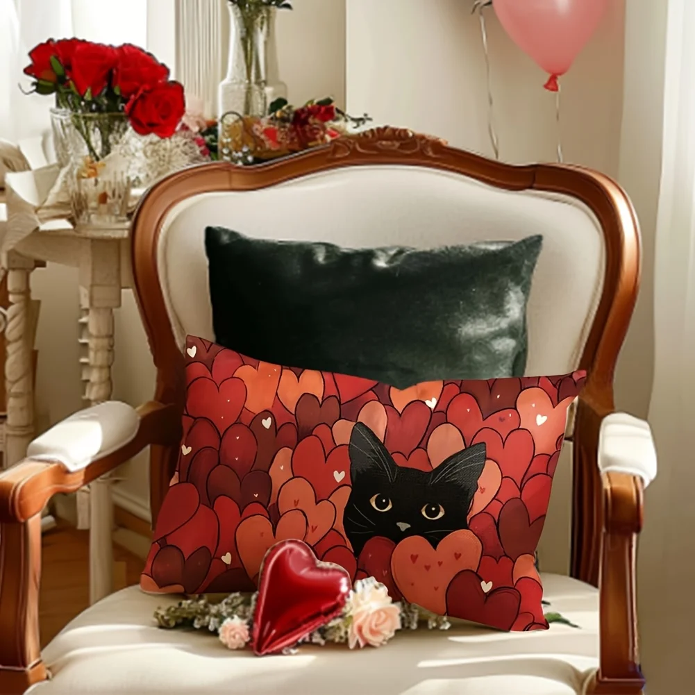 1pc Black Cat Heart All Over Print Lumbar Pillow Cover, Suitable for Sofa, Bedroom, Living Room, Sweet Gift for Cat Lovers.