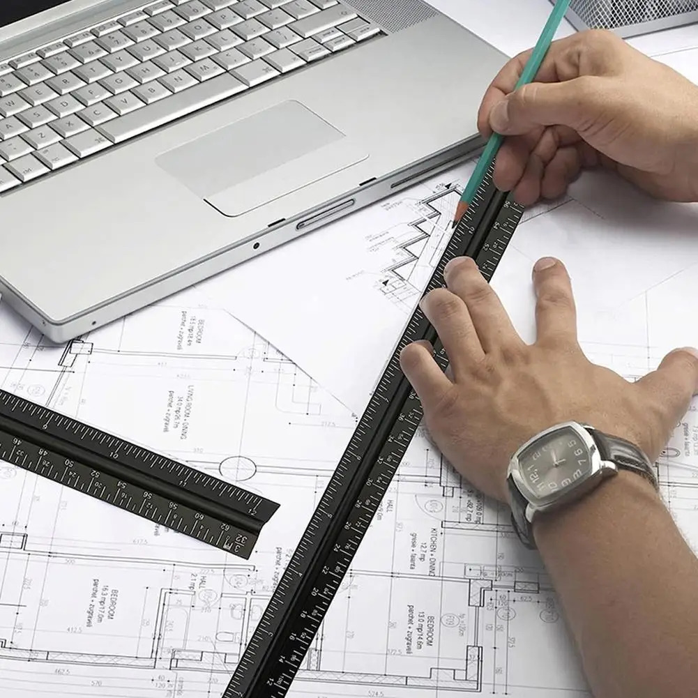 New Triangular Ruler Scale Aluminum Alloy Ruler Drawing Ruler 30cm Interior Architectural Design Ruler Inch Centimeter Scale