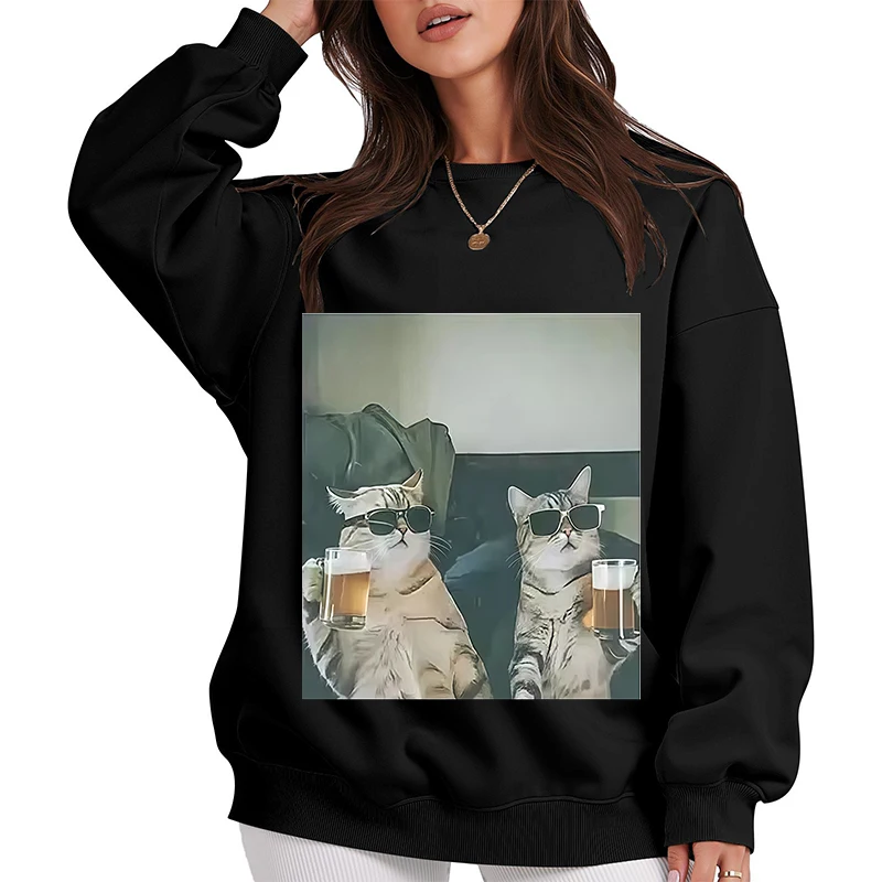 Cool Cat Bere Birra Divertente Meme Felpe con cappuccio per le donne Y2k Stile Streetwear Pullover Felpe Anni '90 Top femminili Abbigliamento unisex