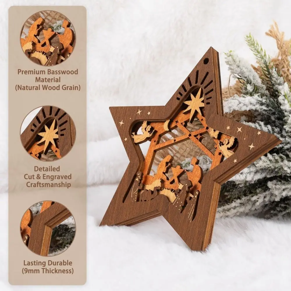 Wooden Christmas Tree Ornaments Five-pointed Star Design Religous Christmas Tree Pendant Nativity Scene Craft