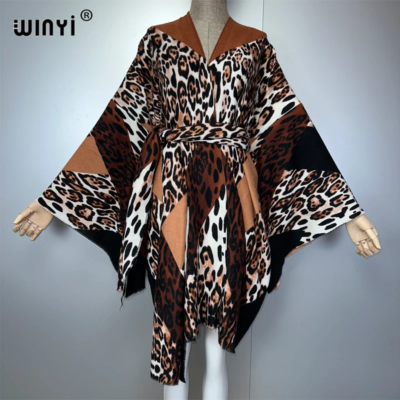WINYI leopard print Autumn cardigan Africa women clothes maxi jacket coat abaya poncho for women cape loose dress with belt