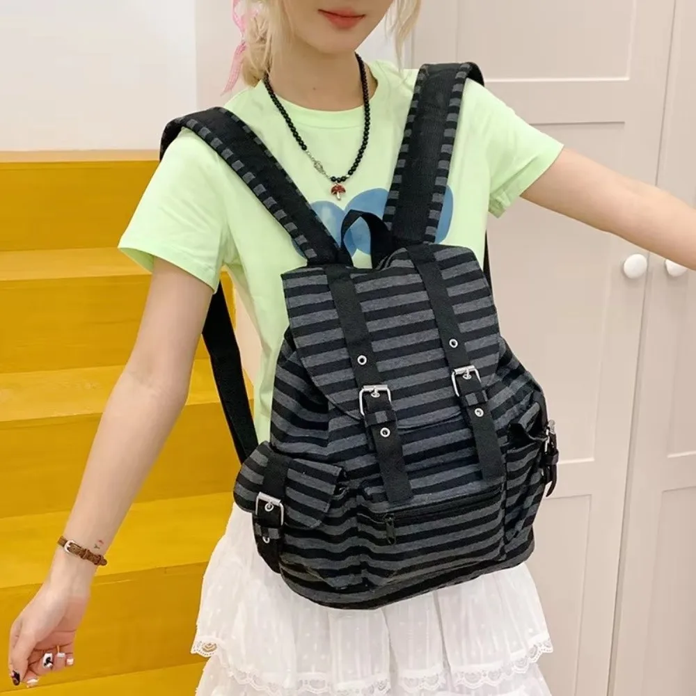 Cute Large Capacity Striped Backpack Y2K Korean Style Students Schoolbag Cloth Multi-pocket Hiking Camping Bag College