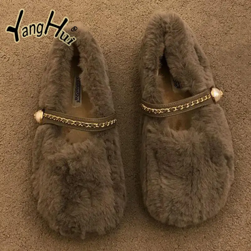 Plush Shoes Keep Warm Soft Cross Fluffy Women\'s Concise Casual Gray Flats Bottom Mary Janes Shoes 2023 New Fashion Winter