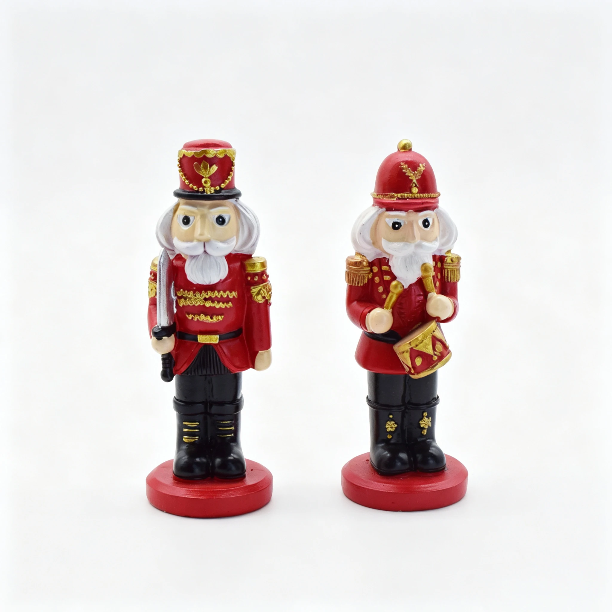 Set Of 2 Nutcracker Soldier Figurines Red Black Sword Drum Cute Festive Xmas Tabletop Mantel Holiday Home Decor Gift Ornament