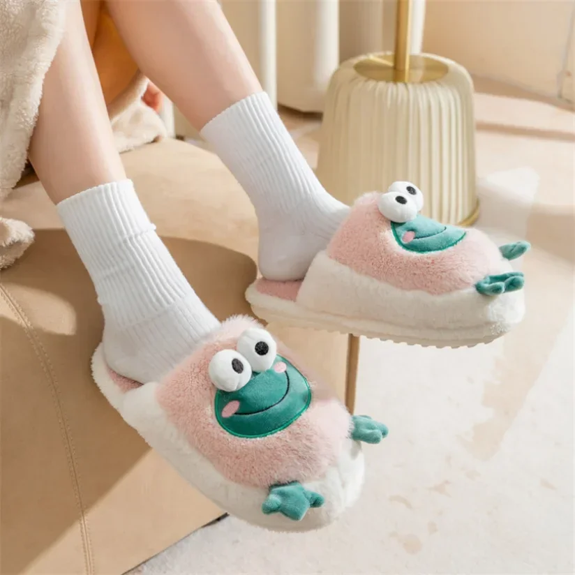 Womens House Slipper Female Frog Bear Winter Warm Kawaii Cartoon Plush Contton Indoor Non Slip Funny Cute Fuzzy Home Floor Shoes