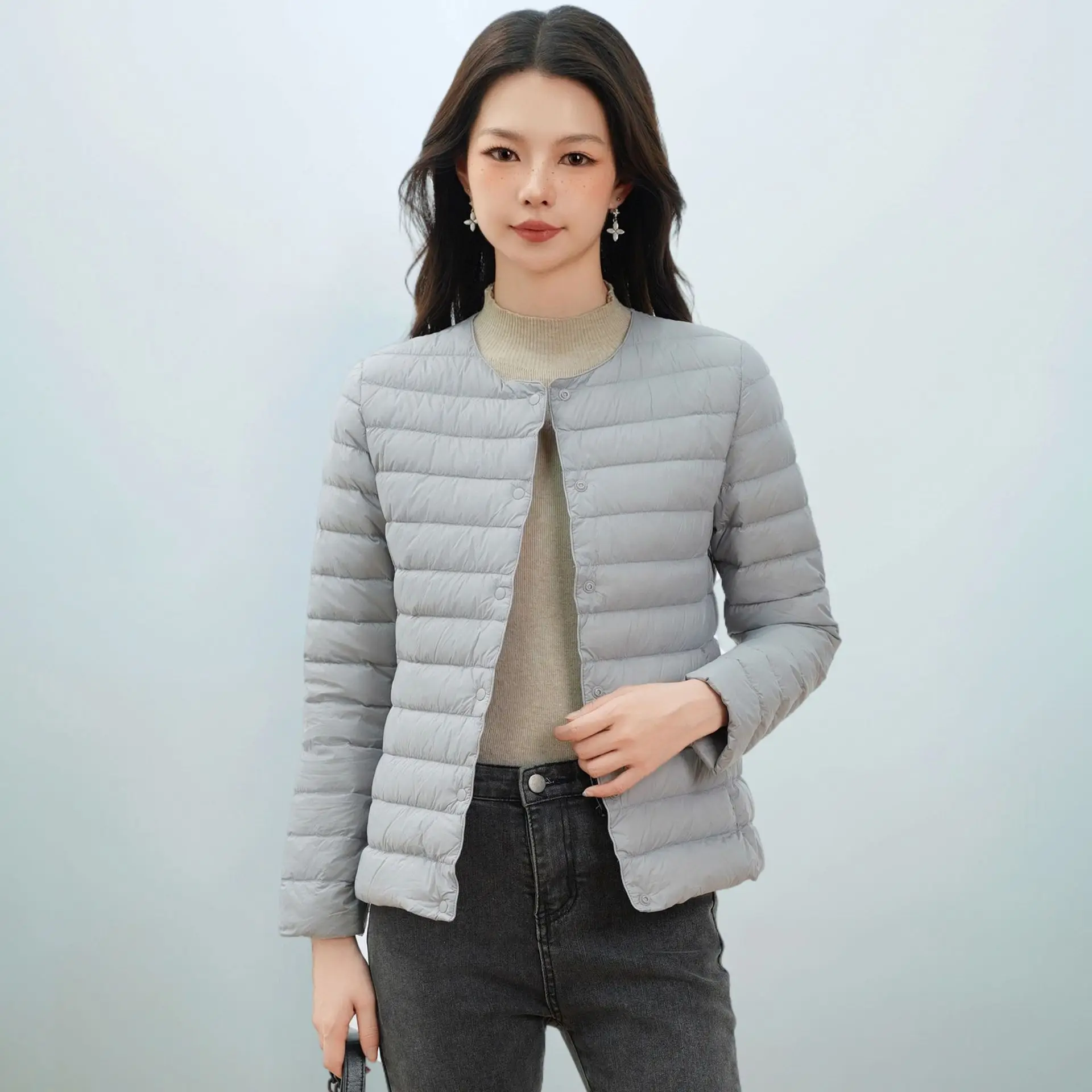 Women's Pure Color Down Jacket with 90% Down Filling Round Collar Style Simple Long Sleeves Stylish Lightweight Coats for Women