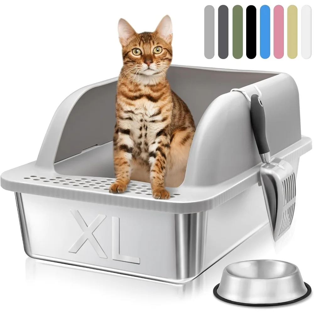 

Metal Cat Litter Box, Non-Stick Stainless Steel Litter Box High Sides, Extra Large Cat Litter Box Odor Control Easy Clean(Gray)