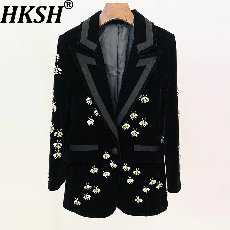 

HKSH Autumn Winter New Women Chic Blazer Slim Fit Bee Colorful Diamonds Contrast Color Elegant Fashion Tide Velvet Coats HK10615