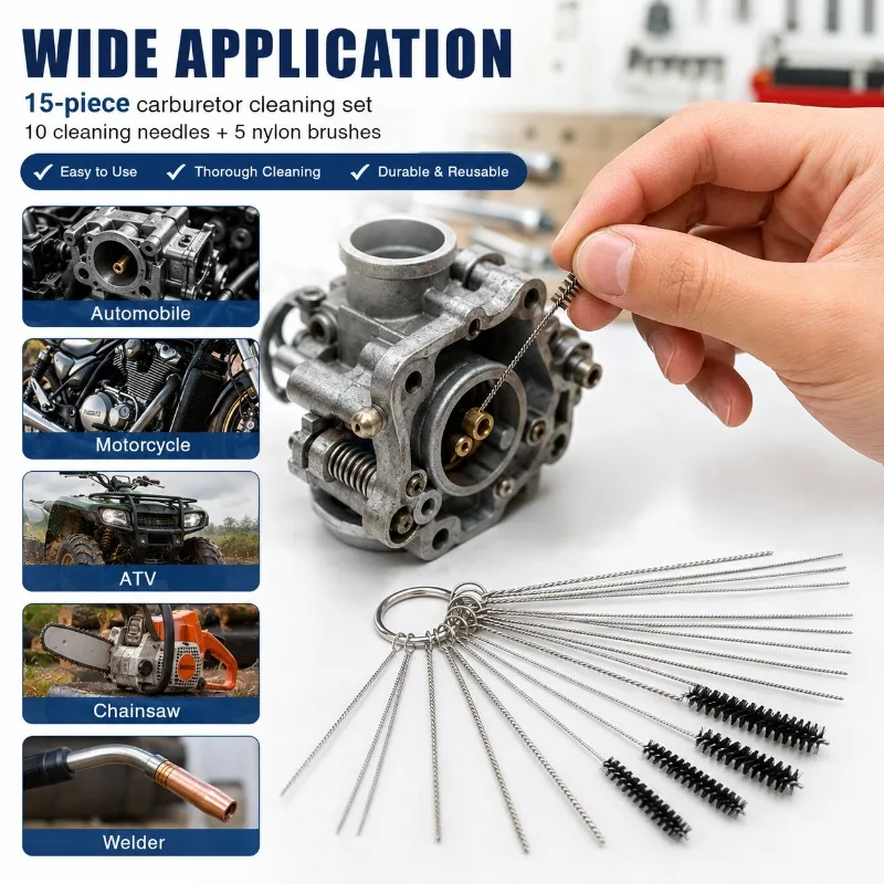 15Pcs Carburetor Cleaning Kit, Carbon Dirt Jet Cleaner Needles Brushes for Motorcycle ATV Chainsaw Welder Nozzle Repair Tool Set