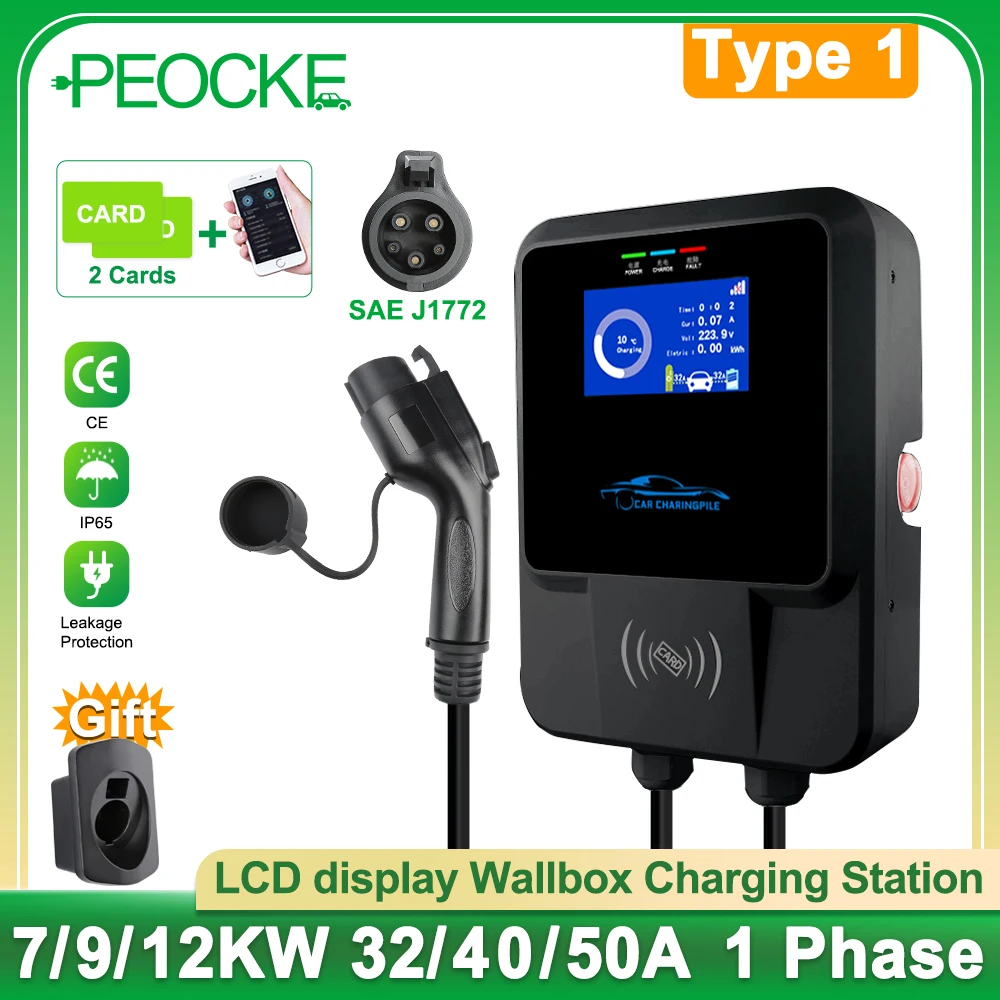 PEOCKE-estación de carga tipo 1 para vehículo eléctrico, Cable de carga con enchufe SAE J1772, 1 fase, 7kW, 32A, EVSE Wallbox, enchufe estadounidense