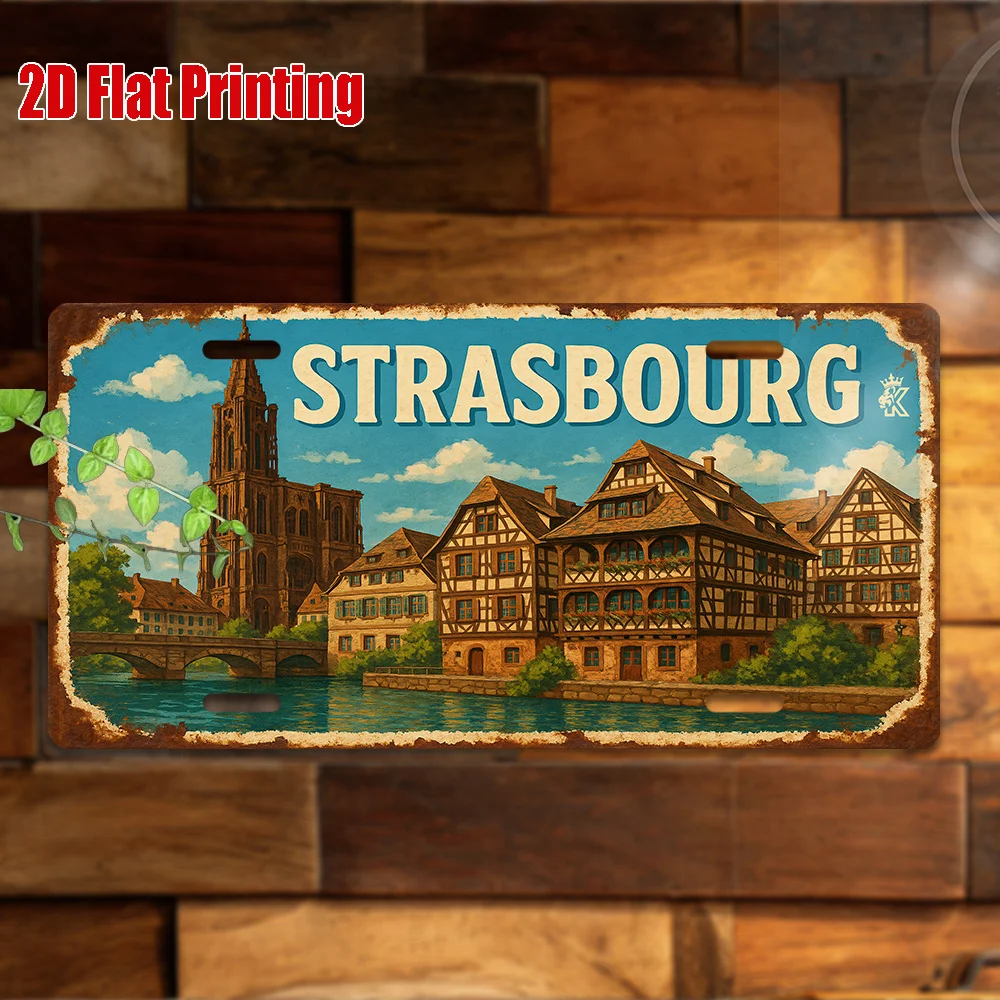 2D Flat, [], 2D Flat Printing, 1pc, Vintage Metal Sign, for Decorationg Only, Outdoor Wall Art (29.97cm * 14.99cm), STRASBOURG A